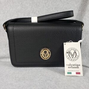 Valentino Orlandi Black Embossed Leather Shoulder Bag Gold‎ Crest Logo Italy NWT